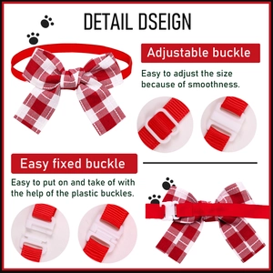 Detail of red and white checkered pet bowtie with adjustable buckle and easy fixed clip