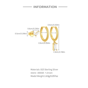 Detailed size chart of S925 sterling silver earring set with dimensions and S925 hallmark
