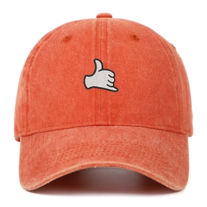 Vintage orange washed cotton baseball cap with shaka gesture embroidery for sun protection