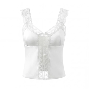 White Satin Camisole Lace Trim V Neck Button Decoration Slim Fit Cropped Sexy Tank Top For Women
