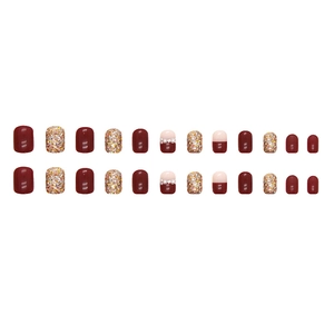Short round dark wine red press-on nails set with glitter fragments and pearl accents