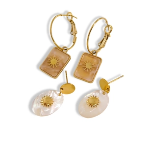 French style stainless steel earrings with natural shell inlay and gold starburst design