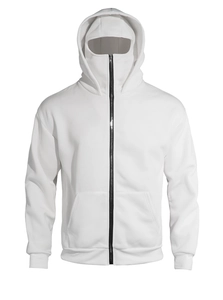 Detail view of white full-zip hoodie featuring a unique face-covering hood design and pockets