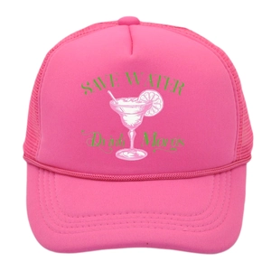 Close-up of pink trucker hat with 'Save Water Drink Margs' cocktail print and mesh back