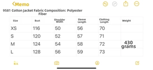 Size chart for quilted lightweight cotton jacket with diamond pattern and large pockets