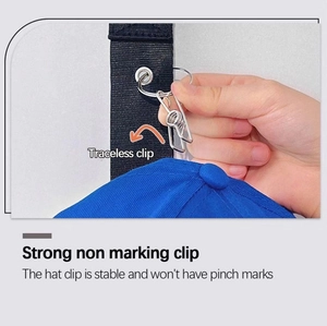 Detail showing strong non-marking metal clip for secure hat storage and organization