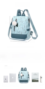Detailed size chart and multi-view of light blue floral Oxford cloth backpack with pompom