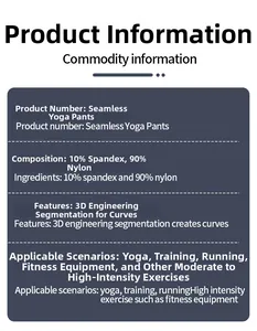 Detailed spec chart of seamless V-waist yoga shorts showing material and size data