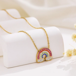 Rainbow Pendant Necklace 18K Gold Plated Stainless Steel Multicolored Cubic Zirconia Sparkling Fashion Jewelry For Women