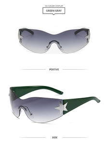 Lunettes de soleil sans monture Y2K avec accents étoiles argentées et verres vert/gris