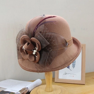 Détail d'un chapeau en laine marron avec fleur décorative, plume et accents de perles