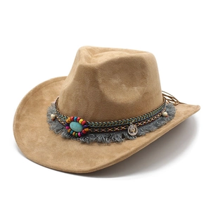 Western Cowboy Fedora Hat Faux Suede Wide Brim Ethnic Bead Turquoise Tassel Bohemian Vintage Travel Outdoor Unisex