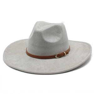 Detail of the light grey fedora featuring a brown leather band and gold metal buckle