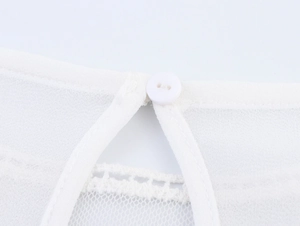 Close-up of white chiffon top featuring lace trim and a button back with teardrop cutout