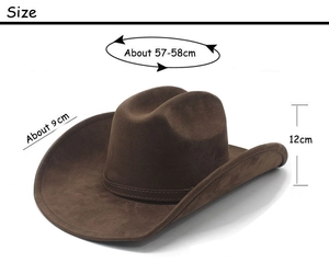 Detailed size specifications for dark brown western suede cowboy hat with dimensions