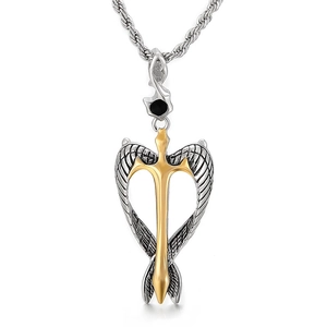 Vintage Egyptian Pharaoh eagle wings and gold cross pendant in polished silver titanium steel