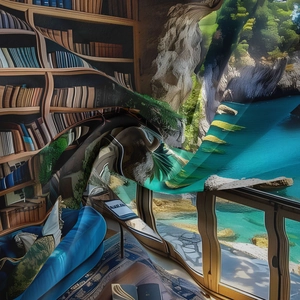 Detailed view of printed tapestry fabric showing library books and seaside balcony scenery