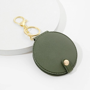 Portable green PU leather mini makeup mirror keychain with elegant gold metal clasp and snap