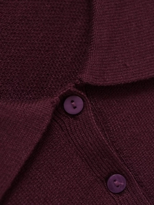 Close-up of burgundy knit sweater showing polo collar and honeycomb texture
