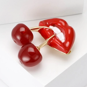 Fashionable enamel lip and cherry brooch pin with gold-plated metal base for women