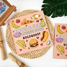 Detailed cover of Food & Fruit Coloring Book featuring cartoon snacks on a white table
