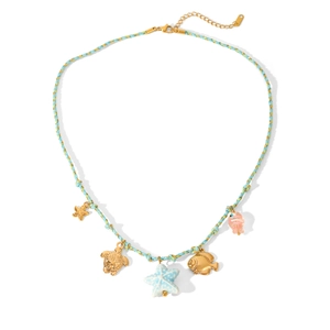 Braided ocean necklace featuring starfish, sea turtle, and fish charms on blue cord