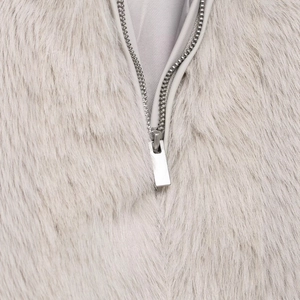 Women's grey faux fur jacket featuring a high-quality metal zipper and soft plush texture