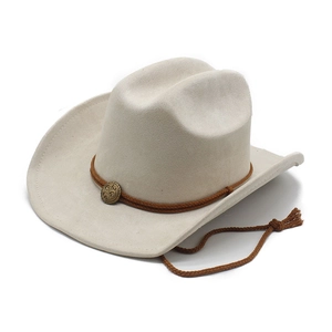 Classic beige faux suede western cowboy hat with woven band and vintage metal buckle