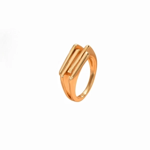 Macro di anello multistrato dorato minimalista con tre fasce parallele su fondo bianco