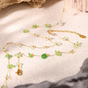 French style stainless steel necklace set with green and white natural stones and gold beads
