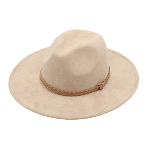Beige faux suede wide brim Fedora hat with woven rope band accessory on white background