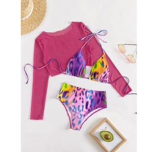 Three-piece leopard print bikini set with long sleeve mesh cover-up and summer accessories