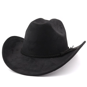 Detail of black suede western cowboy hat with woven tassel band and curved wide brim
