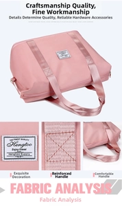 Detail view of pink waterproof nylon fabric and reinforced handle stitching of travel bag