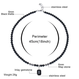 Retro stainless steel beaded necklace with black matte stone and tiger eye pendant