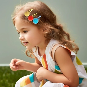 Three colorful plush pom pom hair clips worn by a girl for cute kids hair styling