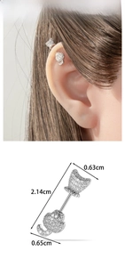 Detail view of cz cat devil barbell earring with 2.14cm length and crown dimensions