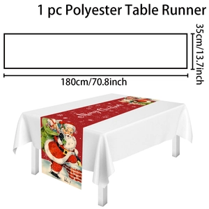 Polyester table runner size guide showing 180x35cm dimensions with Santa Claus pattern