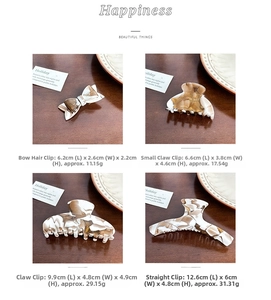Collage showing four marble acetate hair claws in various sizes with product dimensions