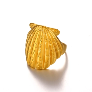 Gold plated scallop shell ring featuring intricate radial stripes and a wide textured band