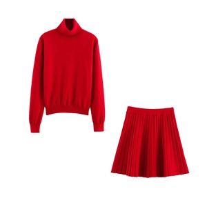 Pull À Col Roulé Tricoté Et Mini-Jupe Plissée Élégant Couleur Unie Manches Longues Mode Automne Hiver Femmes