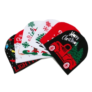 Collection of warm knitted Christmas beanies with festive patterns for men and women