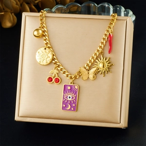 Stainless Steel Multi Charm Necklace Gold Plated Enamel Evil Eye Square Tag Sun Moon Cherry Butterfly Chili Women Jewelry