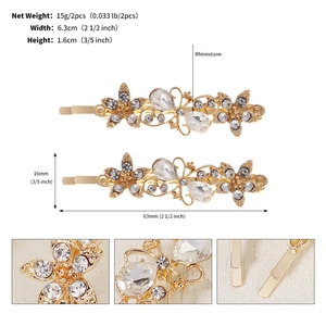 Detailed view of golden rhinestone butterfly hair clips with size and weight dimensions