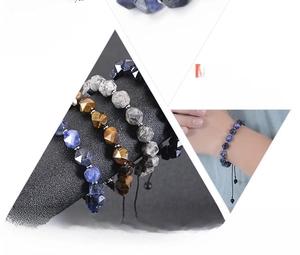 Detailed view of faceted natural stone beads on a hand-woven adjustable cord bracelet