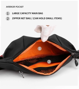 Detail view of mini belt bag interior with orange lining and mesh storage pockets