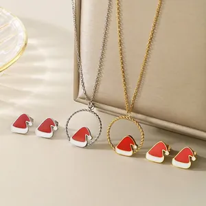 Set di Gioielli in Acciaio Inossidabile con Cappello di Natale per Donna Set di Orecchini e Collana con Cappello di Babbo Natale in Smalto Rosso