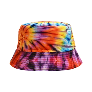 Detail of colorful tie-dye bucket hat featuring vibrant orange and blue cotton fabric