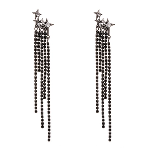 Gothic luxury star tassel earrings with black zircon stones and silver needle backing