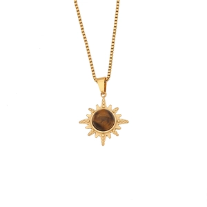 Vintage sun pendant necklace with natural brown stone on golden stainless steel chain